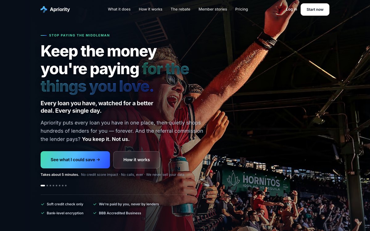 Apriority homepage with loan-savings explanation, navigation, and a prominent start call to action